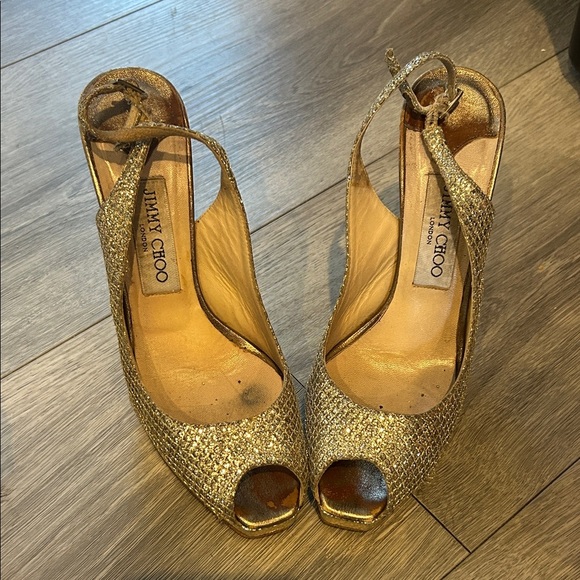 Jimmy Choo Glittering Gold Peep-Toe Heels 37 - Picture 1 of 11